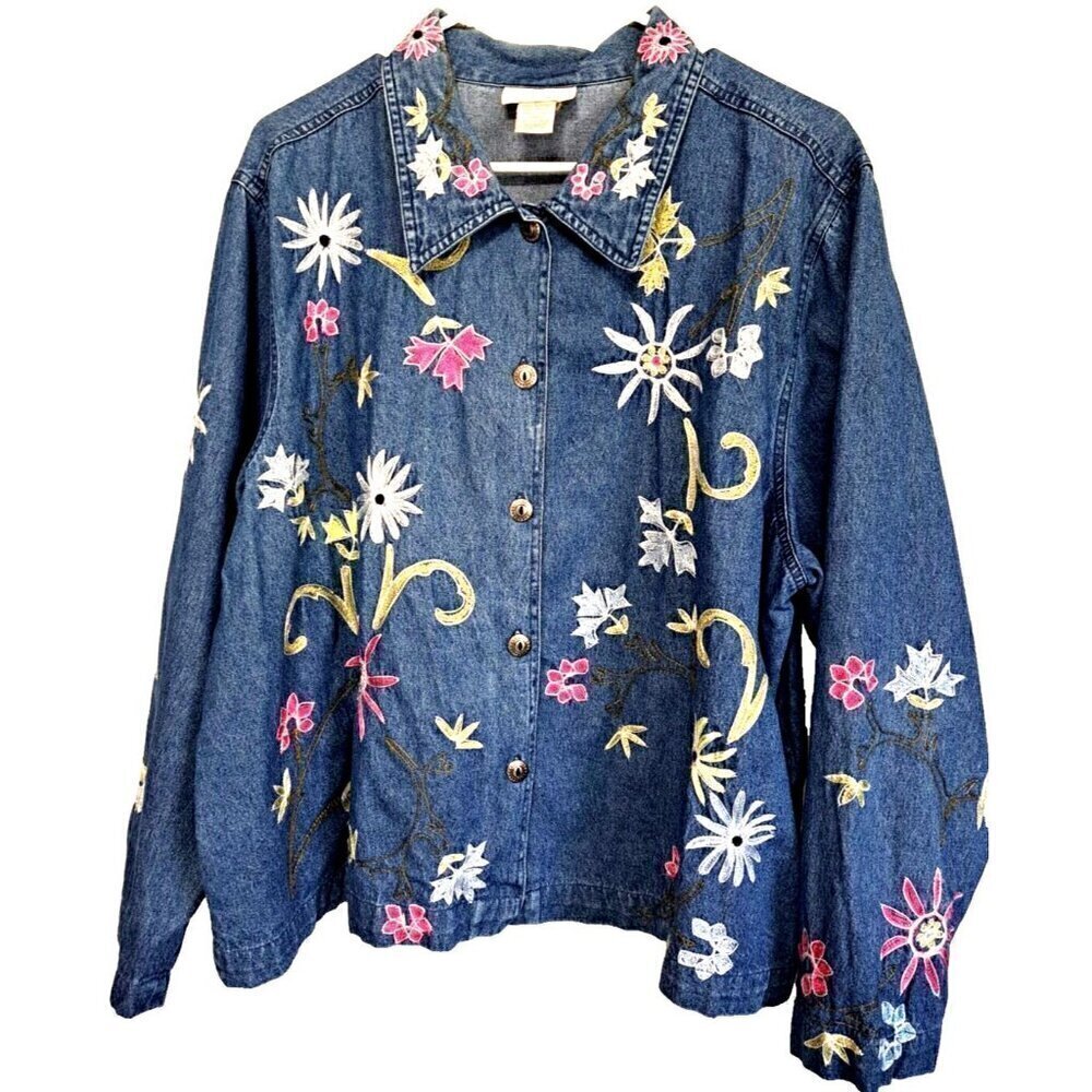 Studio Works Woman 3X Denim Embroidered Button Front Collared Jacket Cropped
